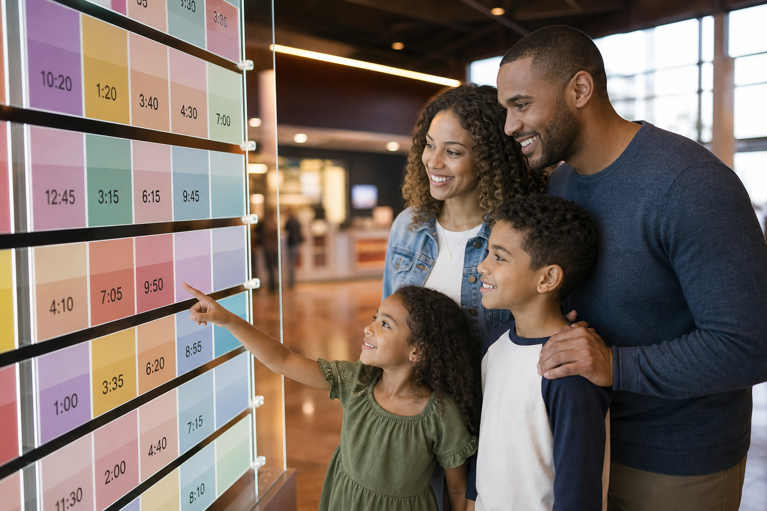 Family looking at colorful showtime cards in a cinema lobby
