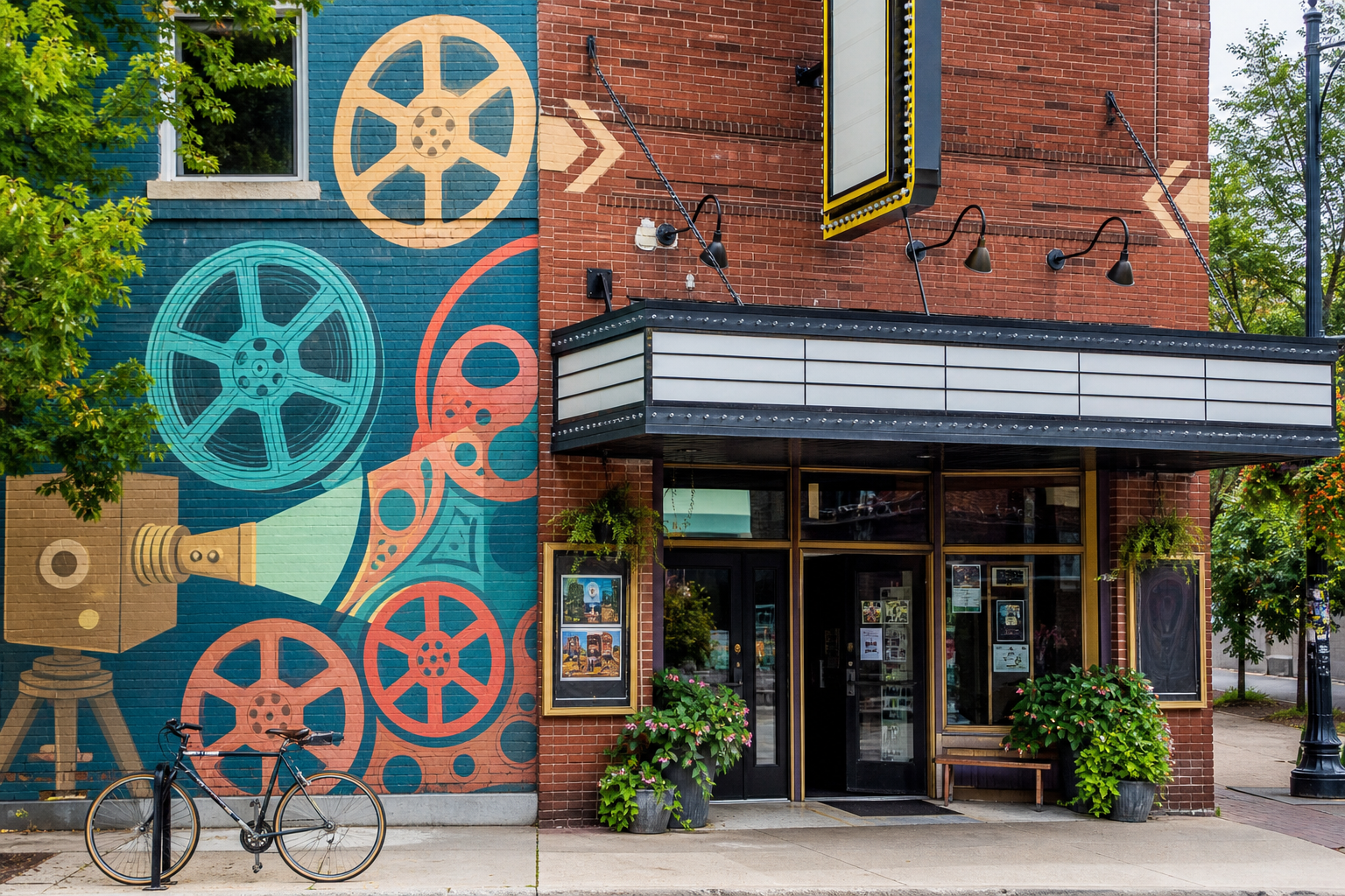 Small independent cinema with a colorful mural
