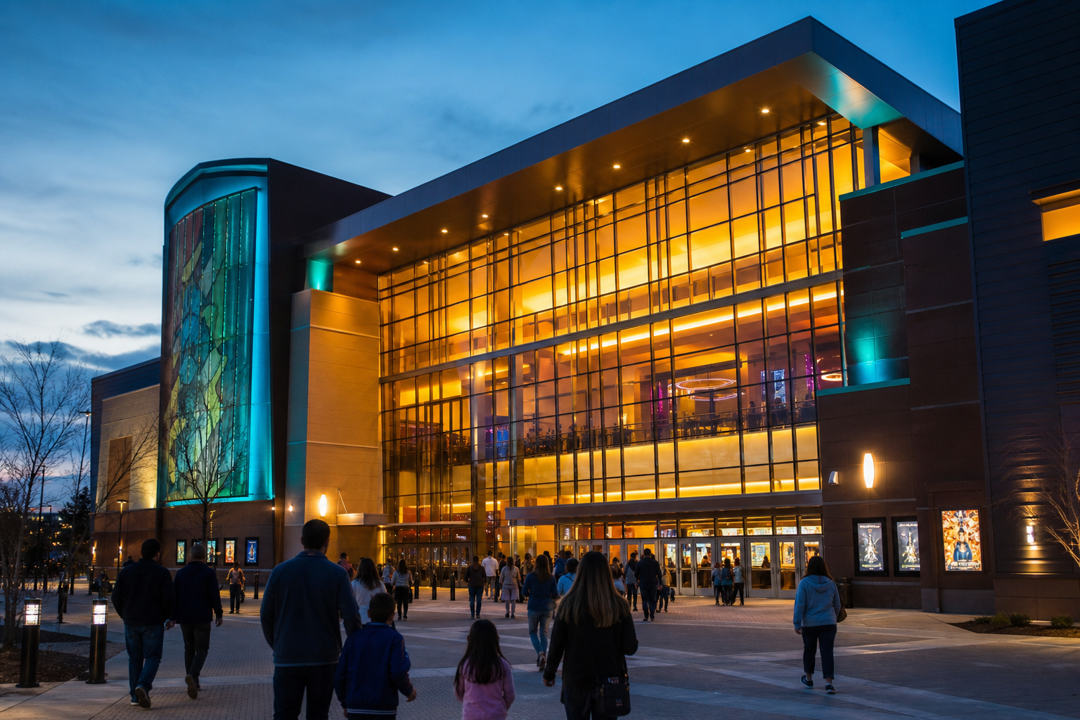 Multiplex cinema glowing at dusk