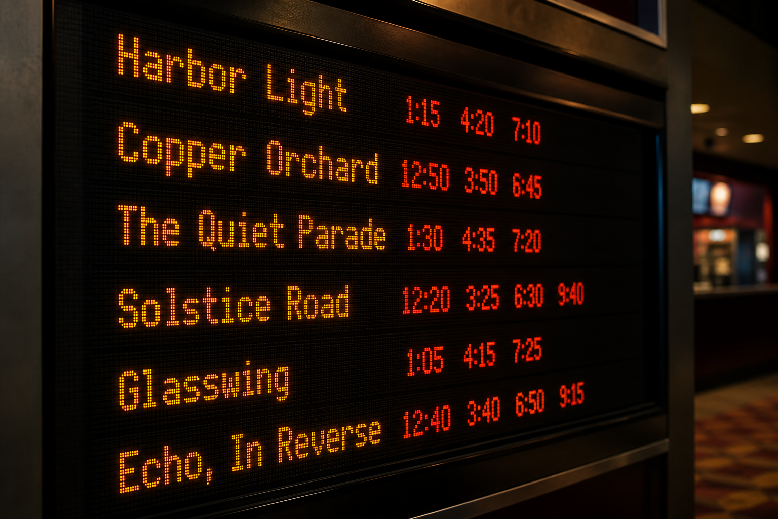LED showtimes board in a cinema lobby