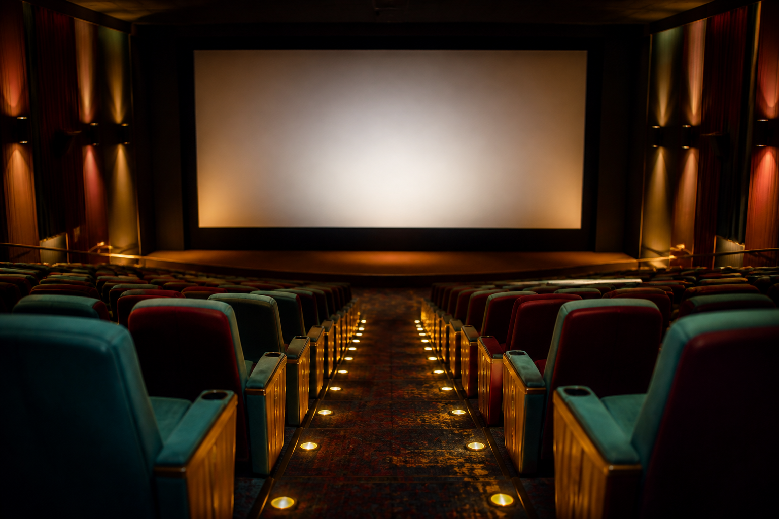 Plush cinema aisle leading to a glowing screen